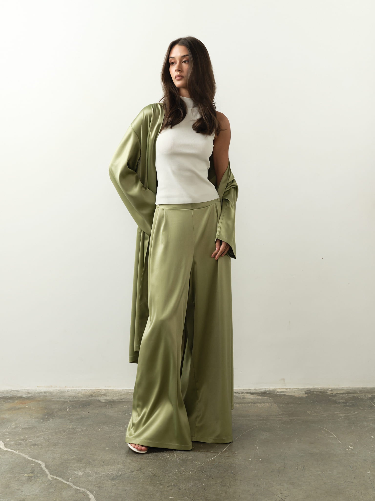 Talisa Set: Elegant Olive Green satin full-length robe with wide-leg trousers, designed for effortless movement and modern sophistication.