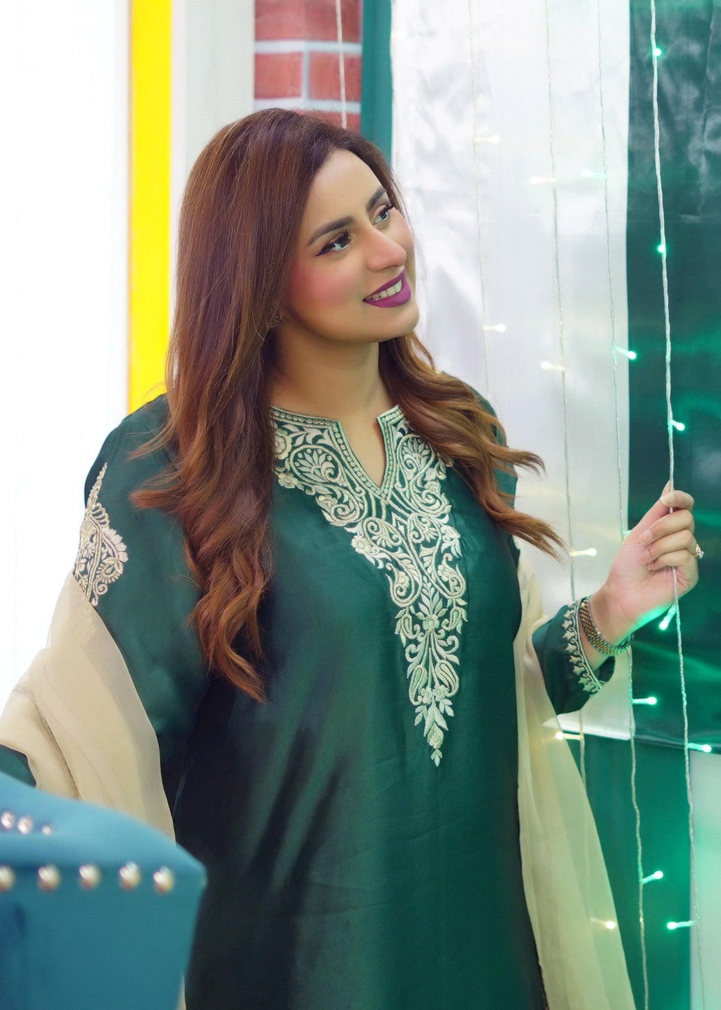Shayari Emerald green sheesha silk Shirt and Shalwar with Dupatta - Madiha Naqvi