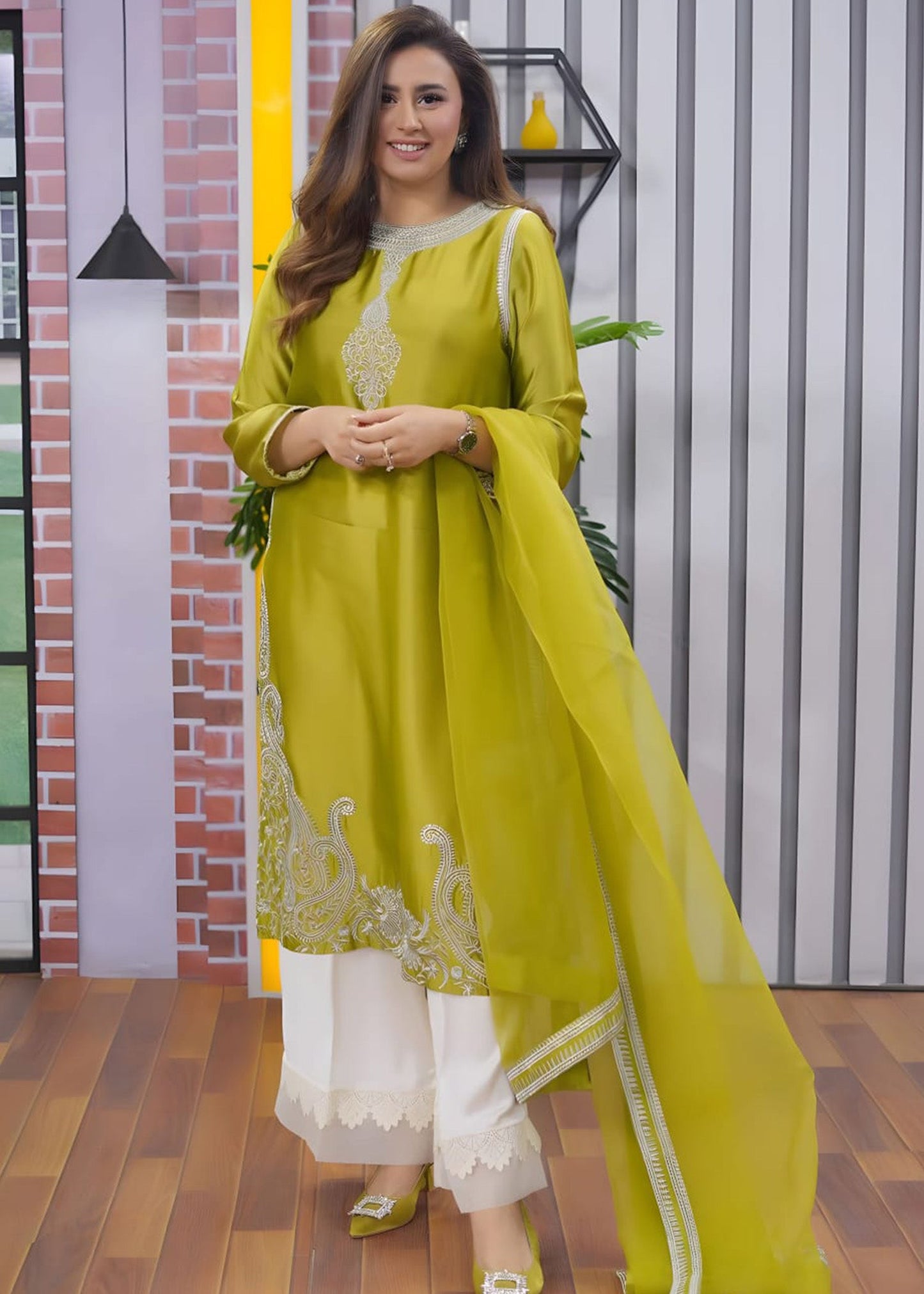 Tasawur Olive Green Silk Shirt Azaar with Dupatta - Madiha Naqvi