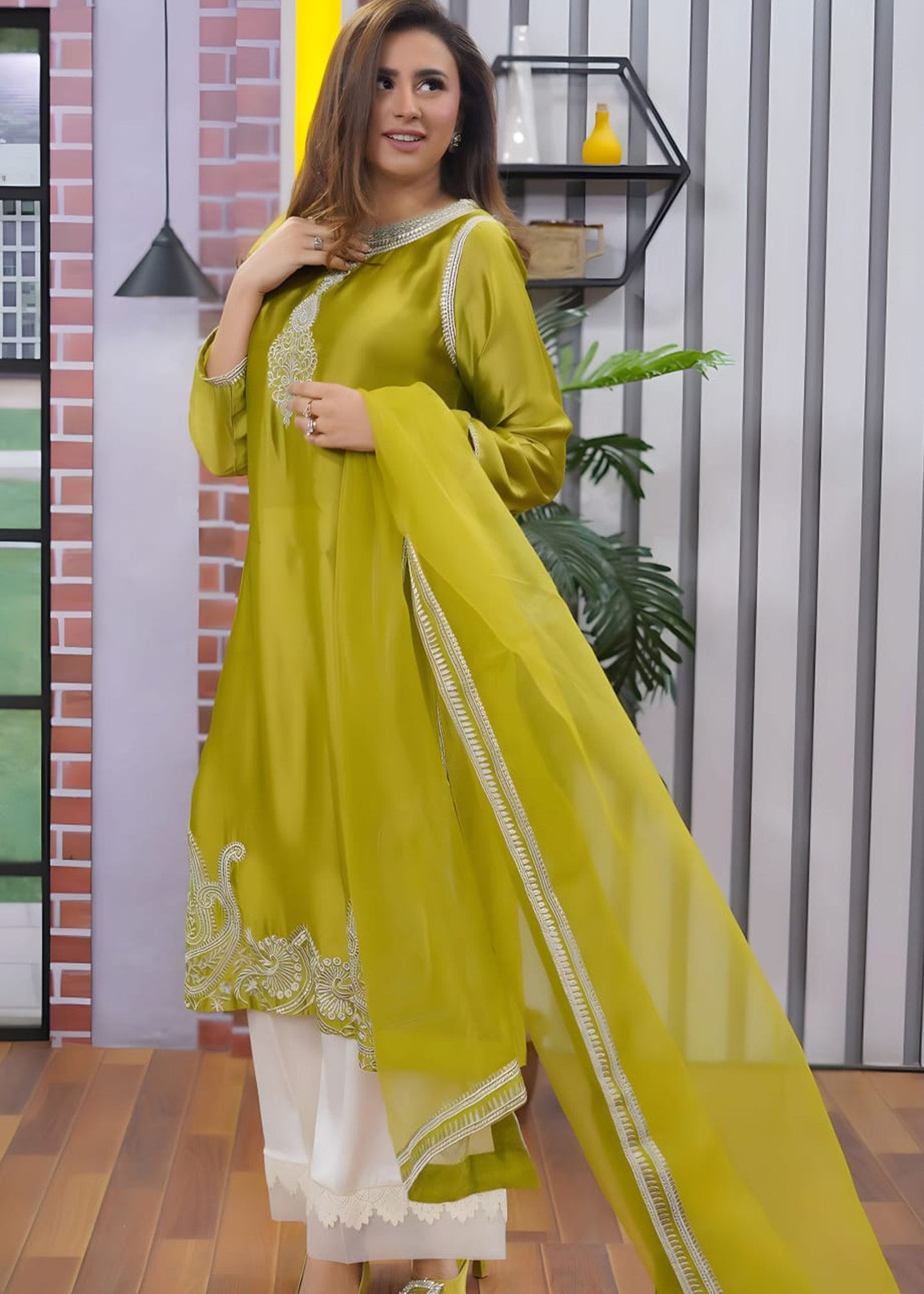 Tasawur Olive Green Silk Shirt Azaar with Dupatta - Madiha Naqvi