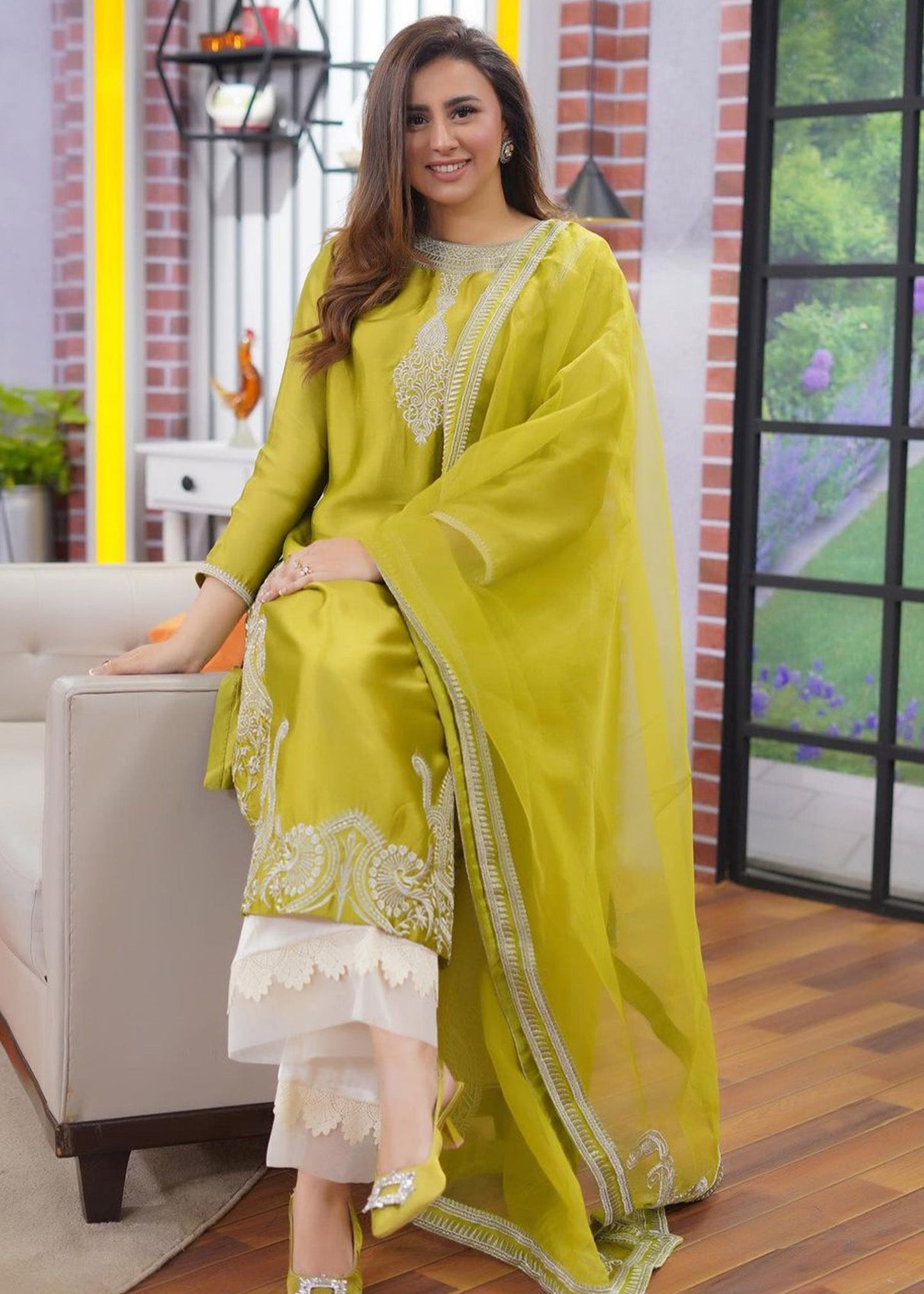 Tasawur Olive Green Silk Shirt Azaar with Dupatta - Madiha Naqvi