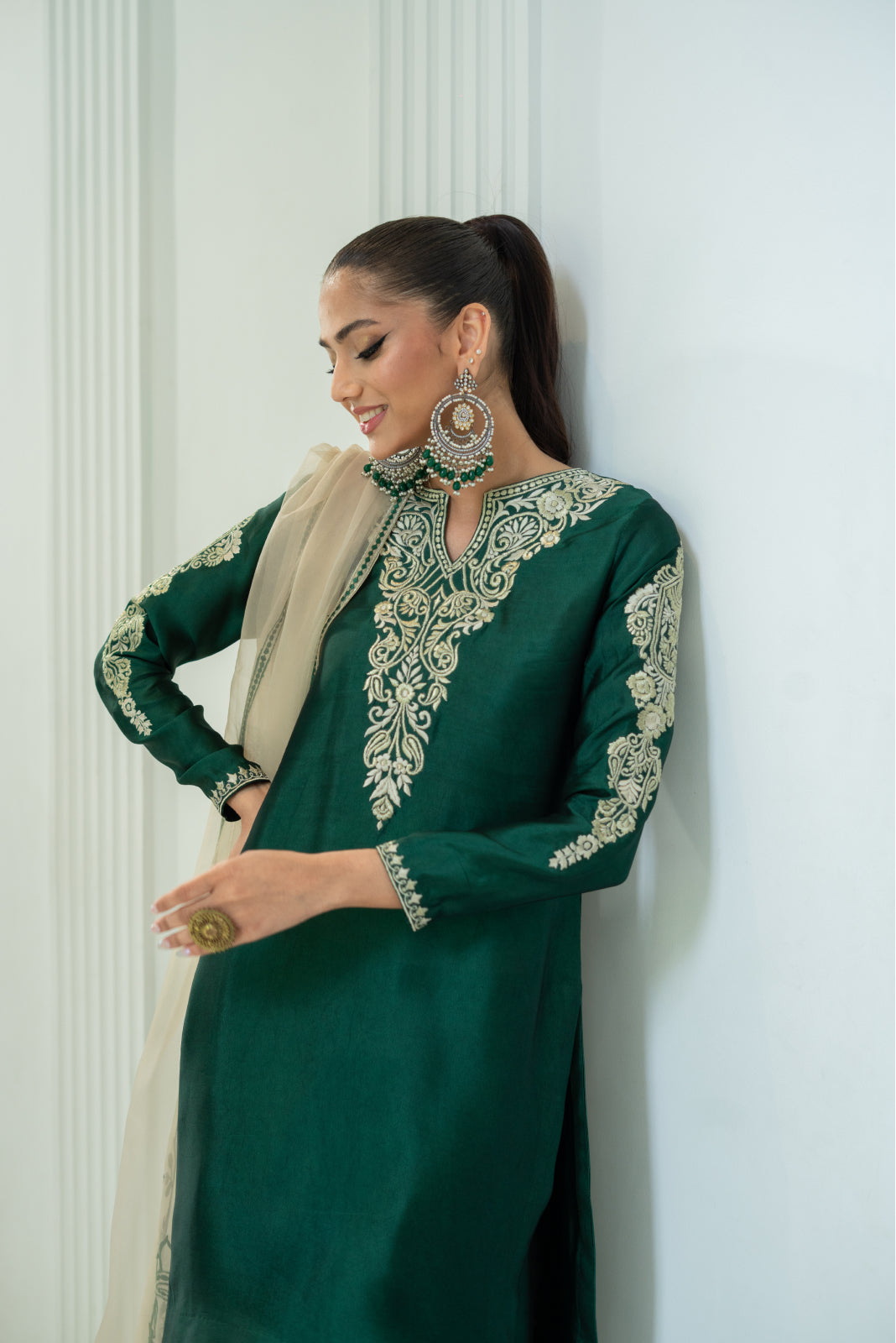Shayari Emerald green sheesha silk Shirt and Shalwar with Dupatta