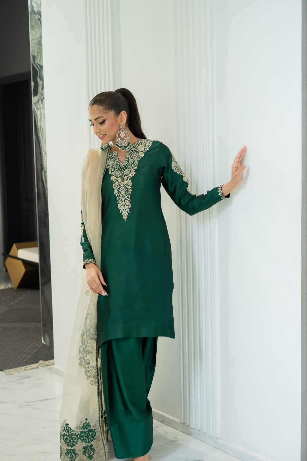 Shayari Emerald green sheesha silk Shirt and Shalwar with Dupatta