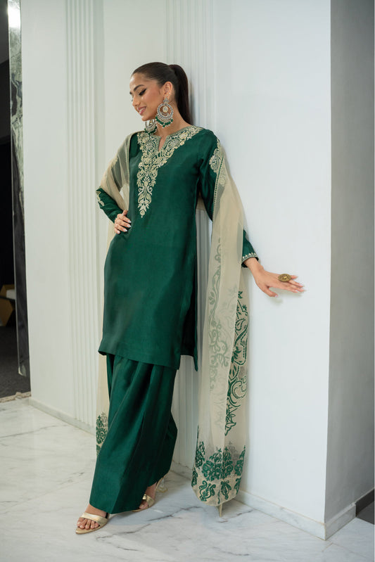 Chemise en soie sheesha vert émeraude Shayari et Shalwar avec Dupatta