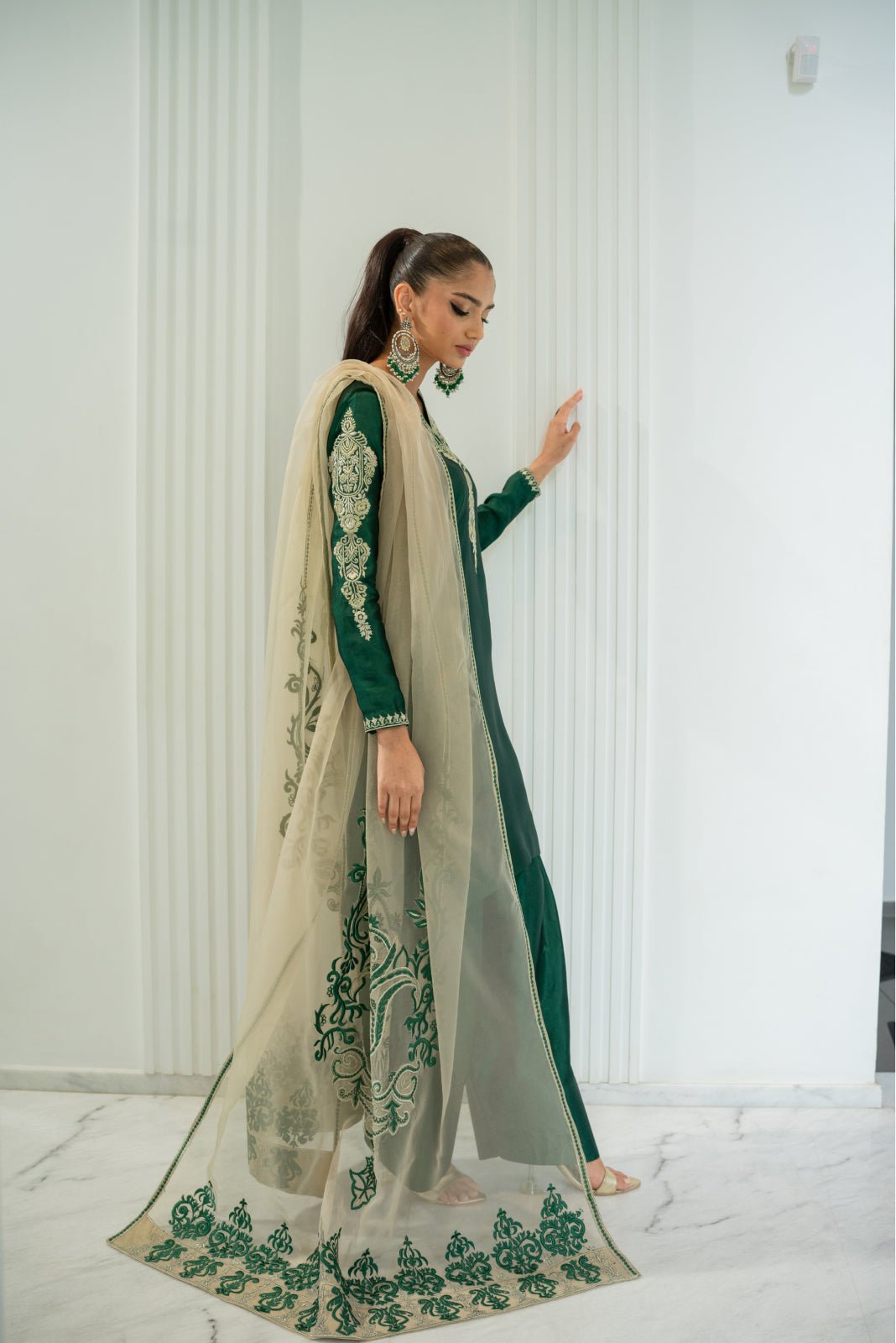 Shayari Emerald green sheesha silk Shirt and Shalwar with Dupatta