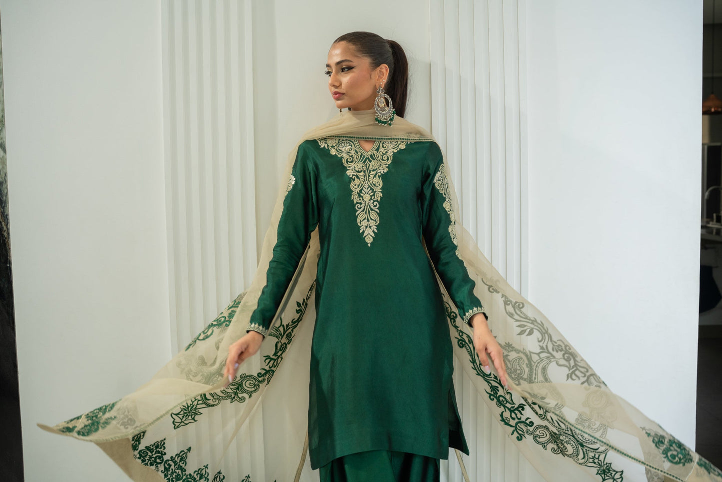 Shayari Emerald green sheesha silk Shirt and Shalwar with Dupatta